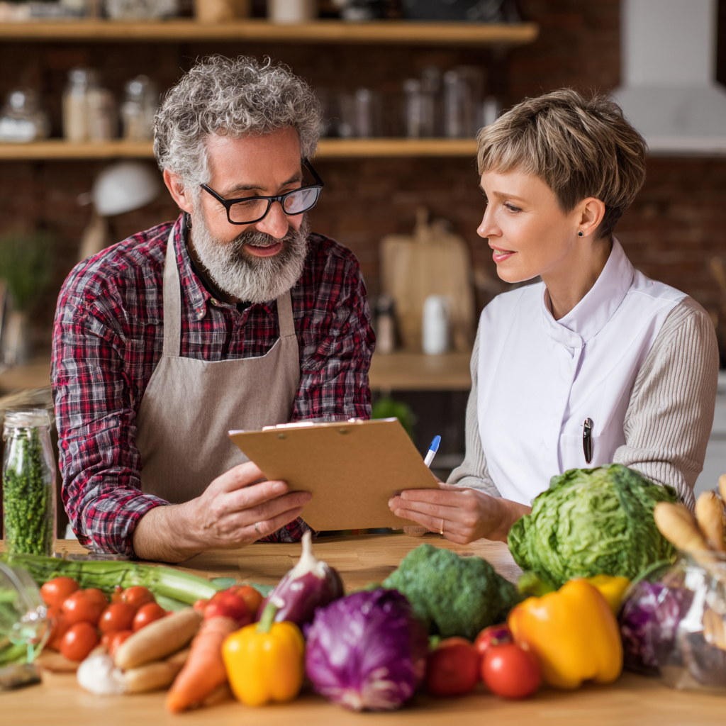 mature nutritionist consulting with middle-aged client about healthy meal planning