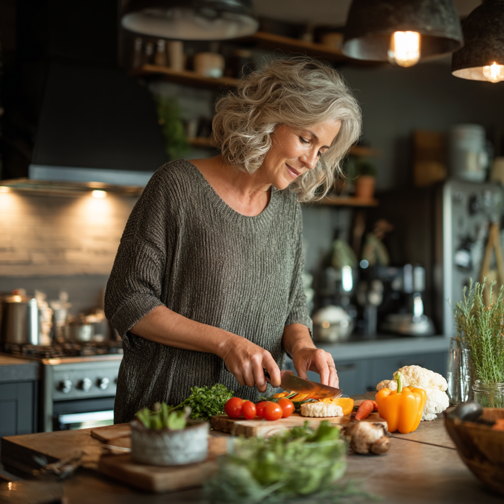 middle-aged woman preparing balanced nutritious meal in modern kitchen